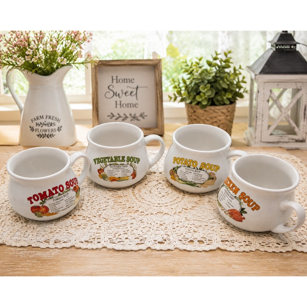 DDI Soup Recipe Mugs 4 Tomato Vegetable Potato Chicken Coffee Cup Farmhouse